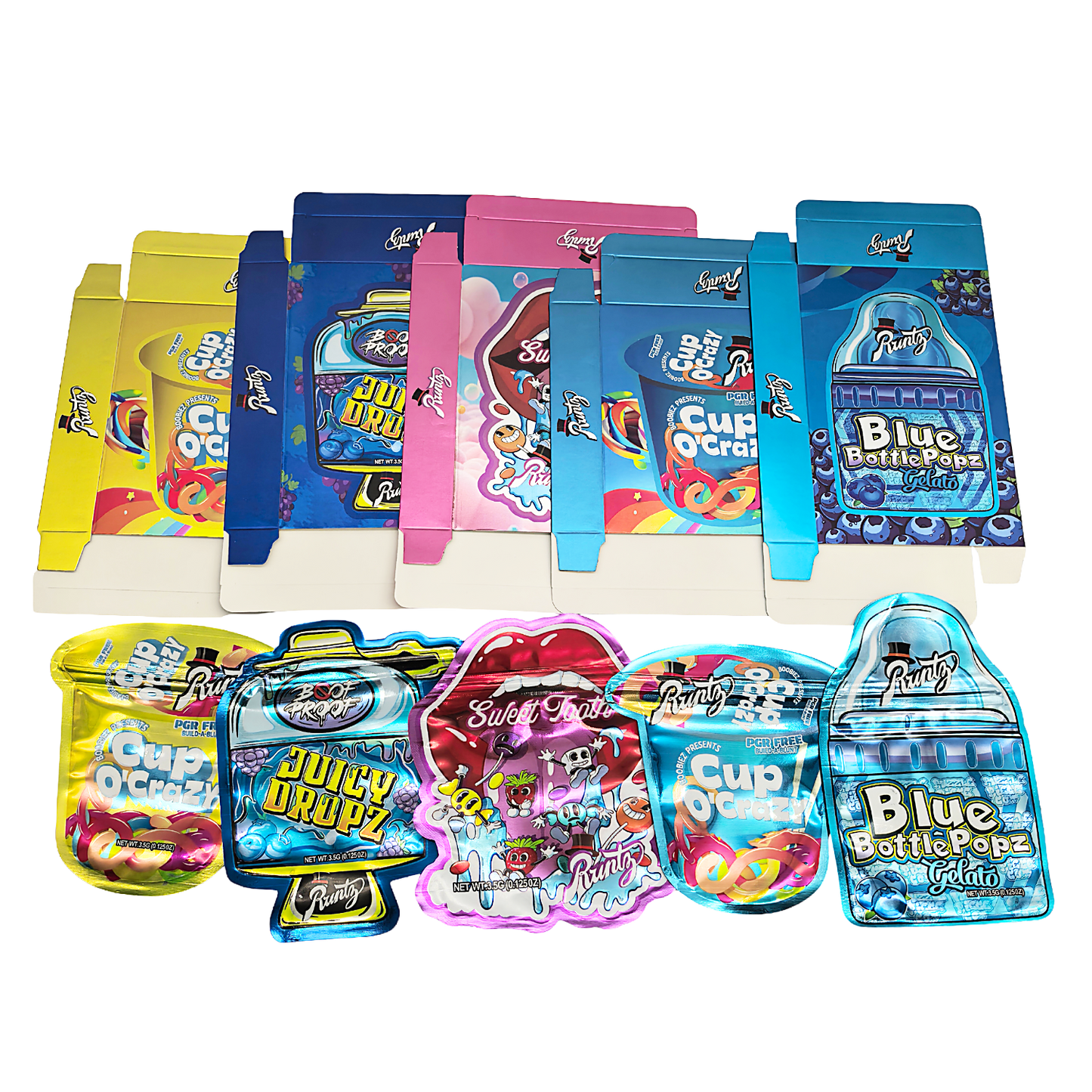 25 Pack – 3.5g Shaped Mylar Bags & Boxes Set (5 Design Mix) Runtz Styles 1
