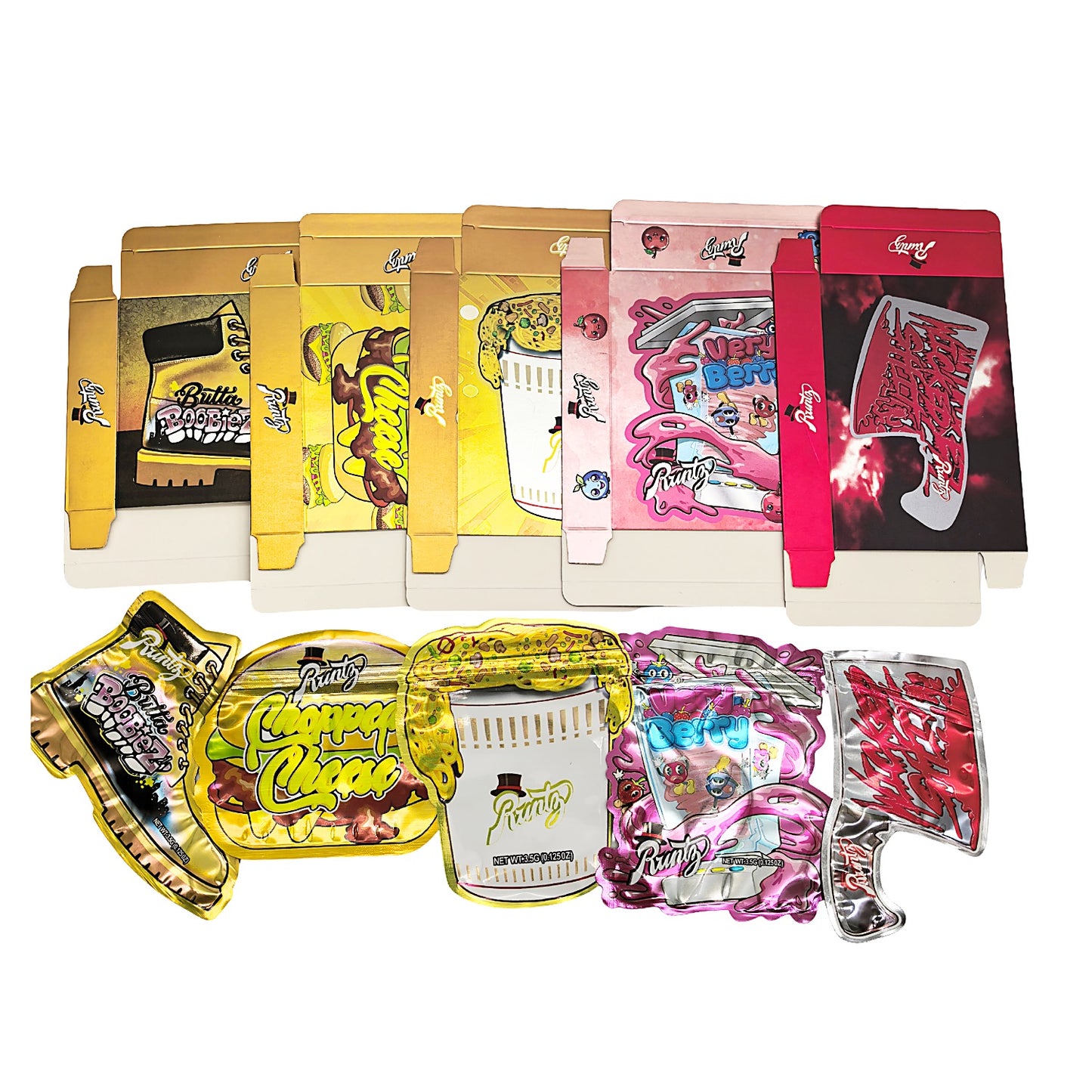 25 Pack – 3.5g Shaped Mylar Bags & Boxes Set (5 Design Mix) Runtz Styles 2
