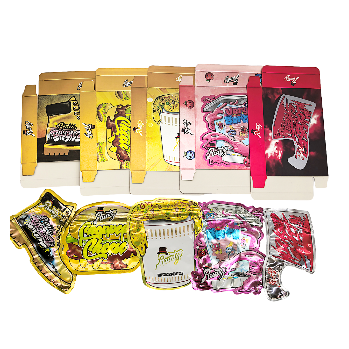 25 Pack – 3.5g Shaped Mylar Bags & Boxes Set (5 Design Mix) Runtz Styles 2