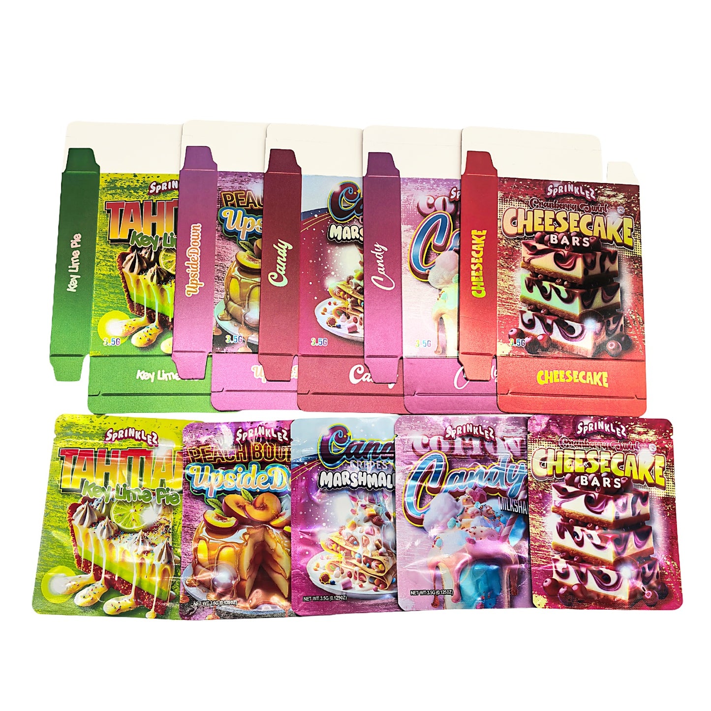 25 Pack – 3.5g Shaped Mylar Bags & Boxes Set (5 Design Mix) Sprinklez Sweet Style 2
