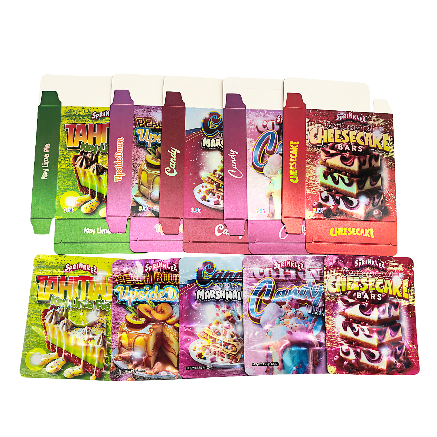 25 Pack – 3.5g Shaped Mylar Bags & Boxes Set (5 Design Mix) Sprinklez Sweet Style 2