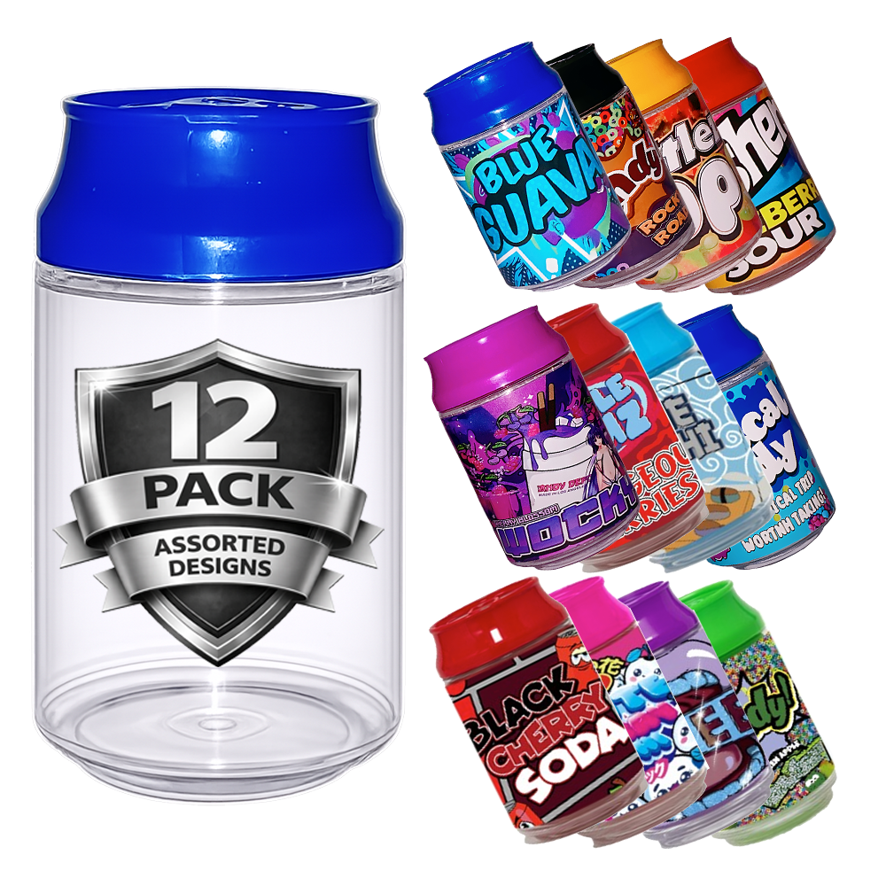 12 Pack 3.5g Soda Can Style Plastic Storage Containers with Lids Mystery Bundle - Assorted Designs