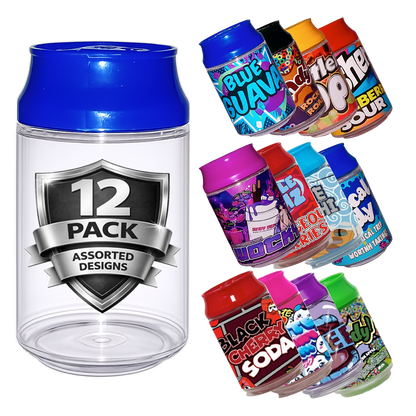 12 Pack 3.5g Soda Can Style Plastic Storage Containers with Lids Mystery Bundle - Assorted Designs