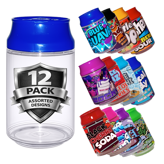 12 Pack 3.5g Soda Can Style Plastic Storage Containers with Lids Mystery Bundle - Assorted Designs