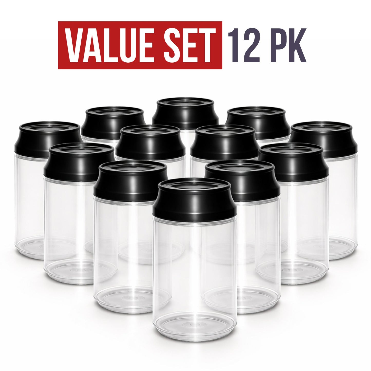 (12 Count) Clear Soda Can Style Storage Containers with Lids – Reusable Decorative Organizer Set