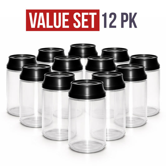 (12 Count) Clear Soda Can Style Storage Containers with Lids – Reusable Decorative Organizer Set
