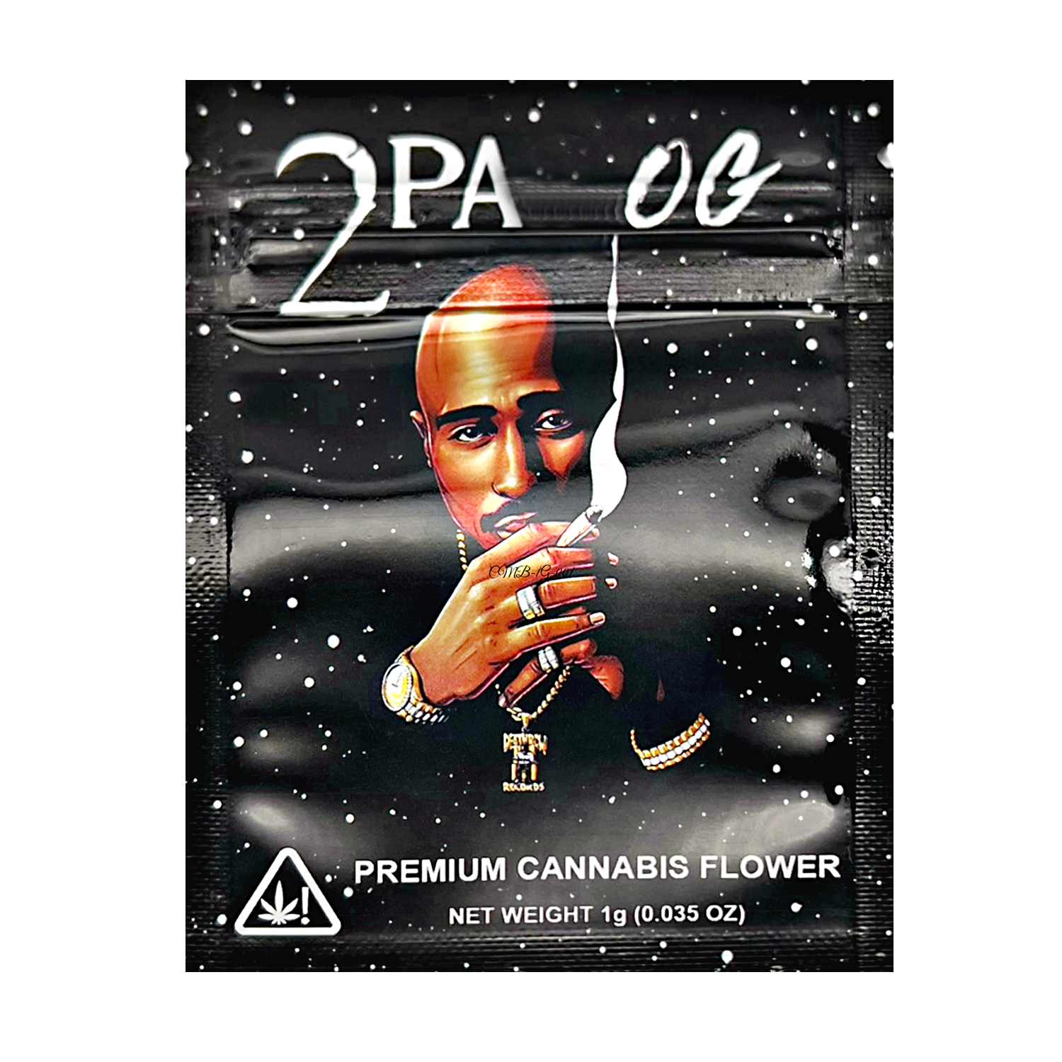 Mylar Bag Cannabis packaging with a stylized portrait and '2Pac OG' branding.