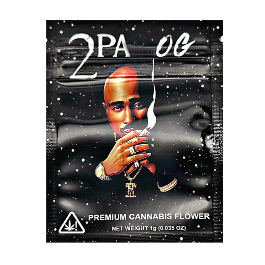 Mylar Bag Cannabis packaging with a stylized portrait and '2Pac OG' branding.