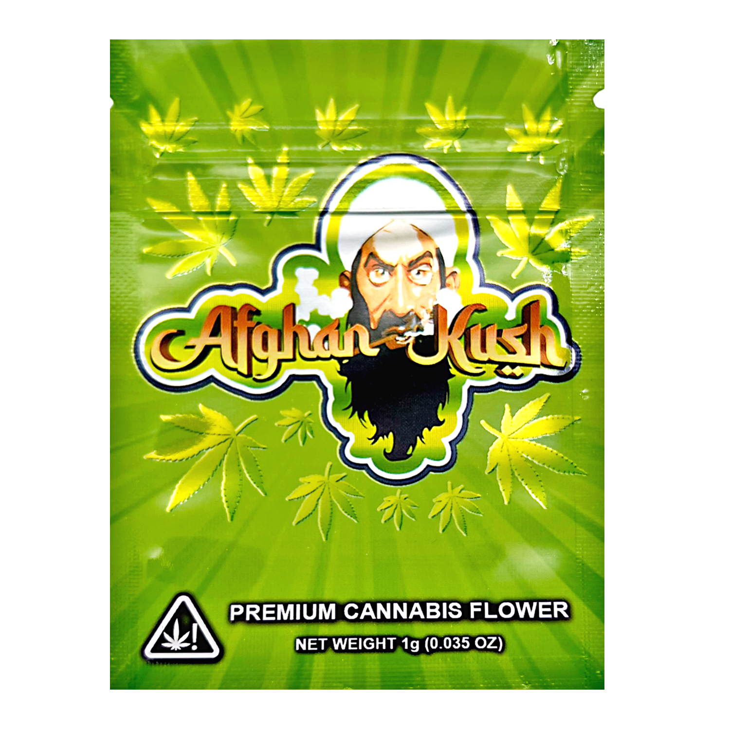 Mylar Bag Green packaging of Afghan Kush premium cannabis flower with brand logo and warning triangle.