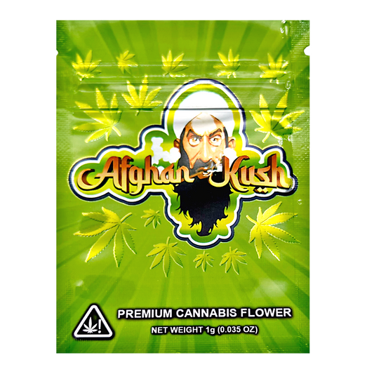 Mylar Bag Green packaging of Afghan Kush premium cannabis flower with brand logo and warning triangle.