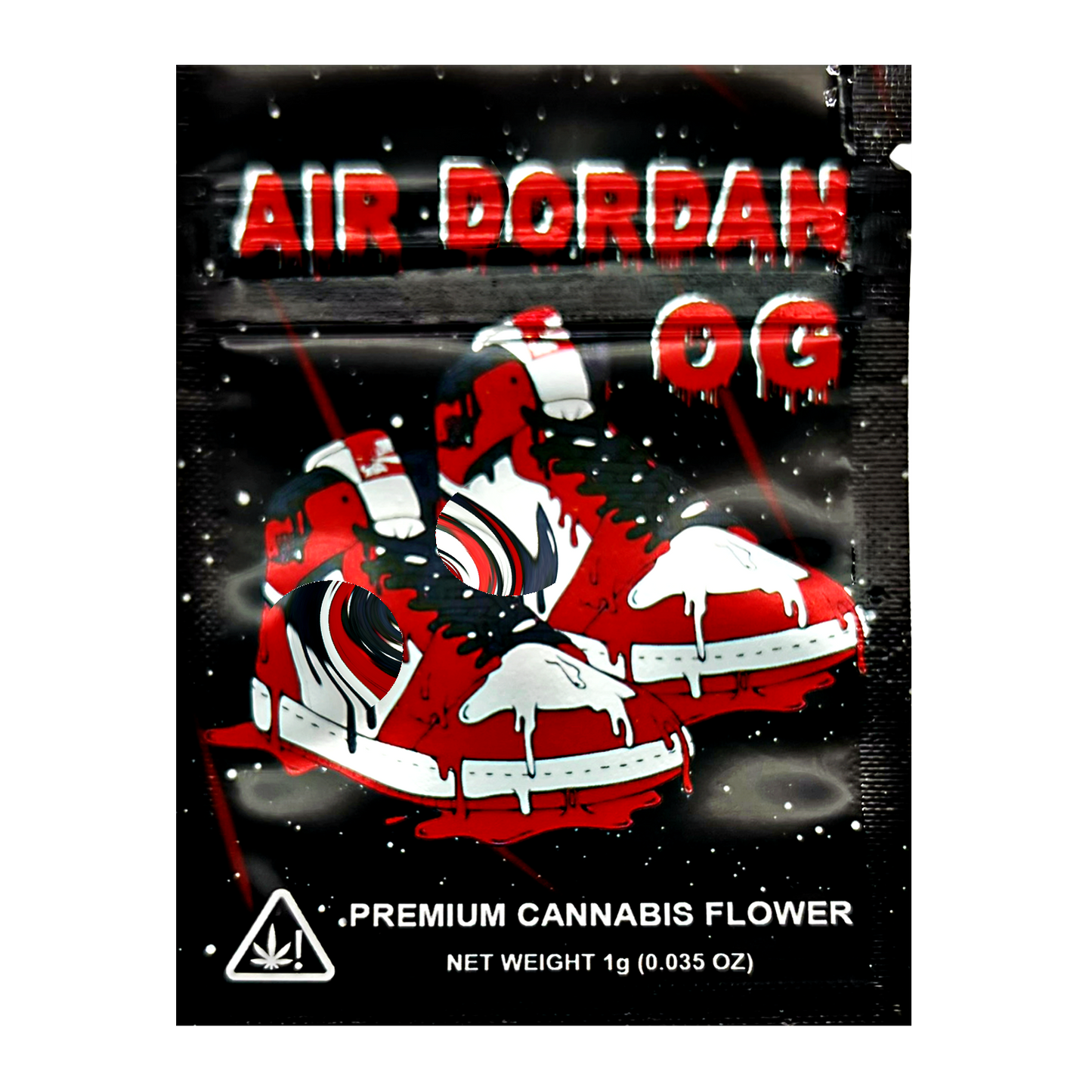 Mylar Bag Cannabis product packaging with red and white design on a black background