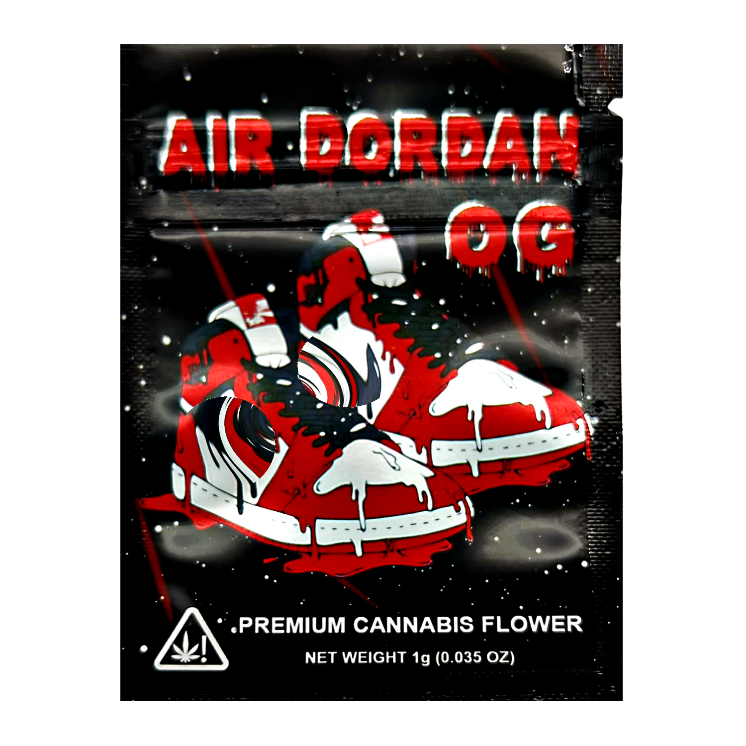 Mylar Bag Cannabis product packaging with red and white design on a black background
