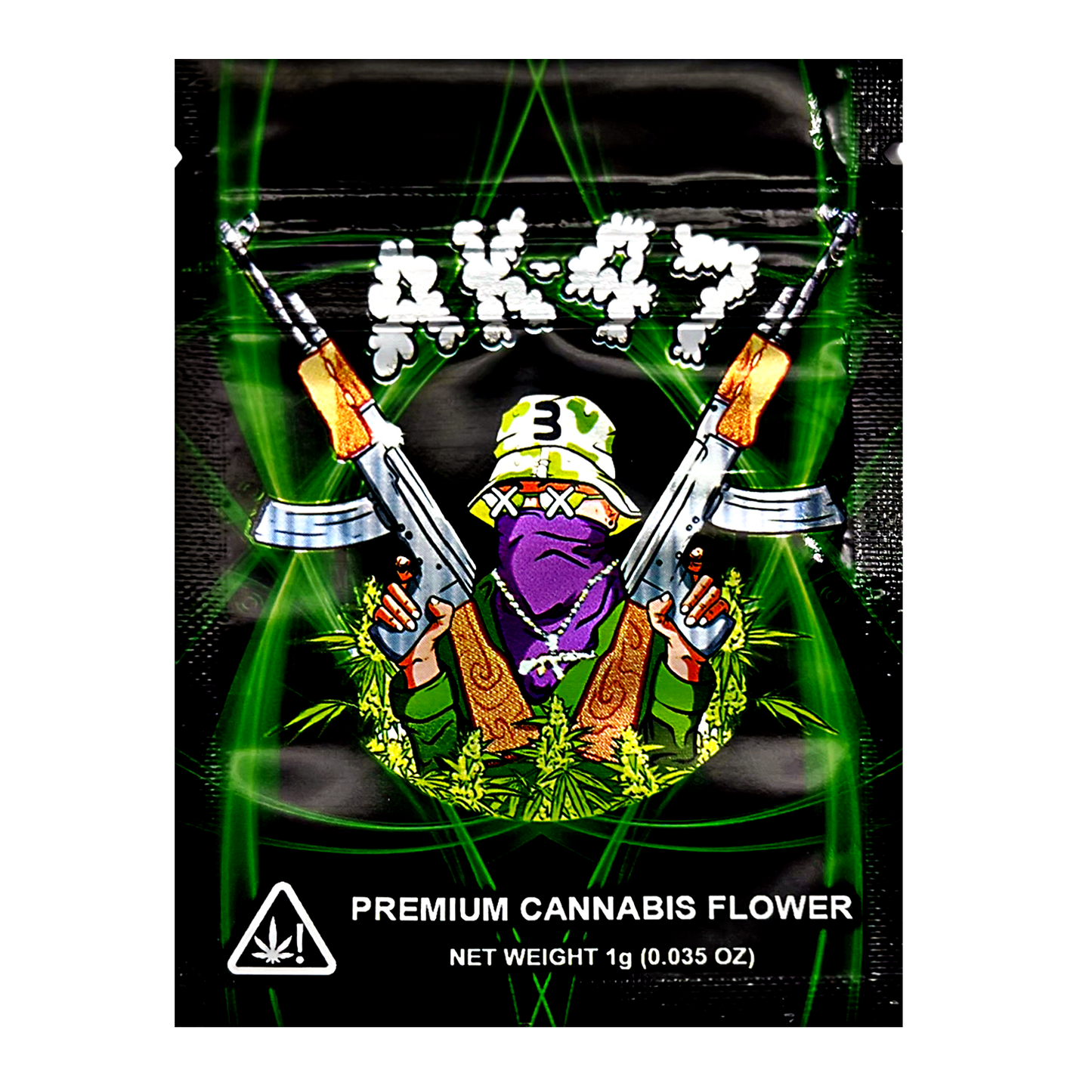 Package of Mylar Bag premium cannabis flower with a character holding guns and a cannabis leaf on a black background.