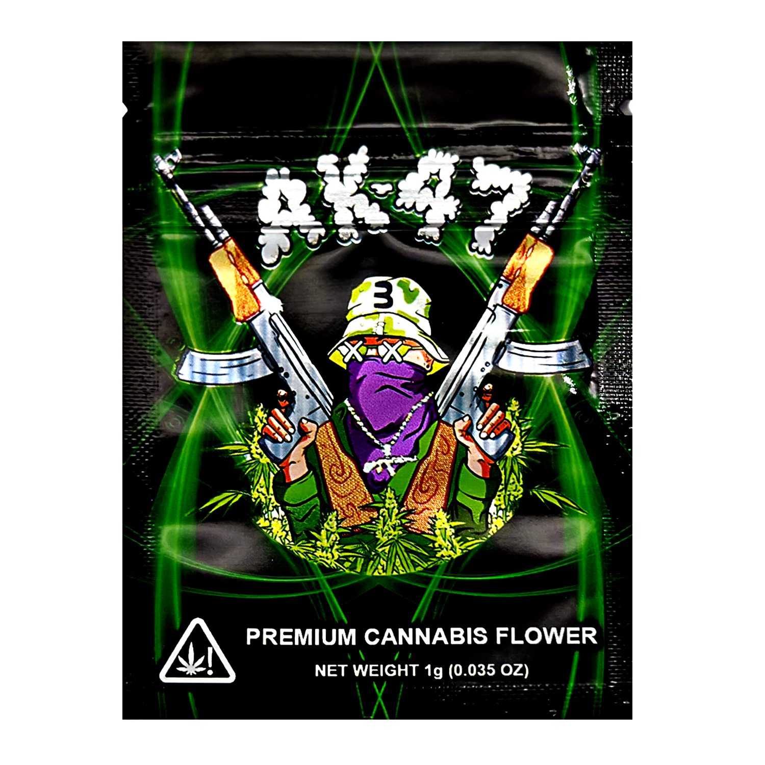 Package of Mylar Bag premium cannabis flower with a character holding guns and a cannabis leaf on a black background.