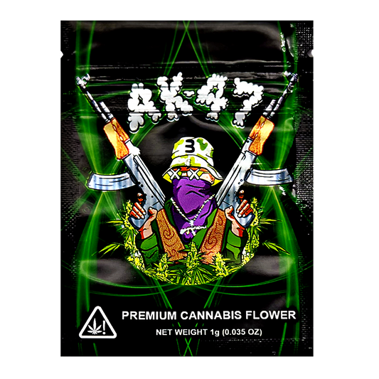 Package of Mylar Bag premium cannabis flower with a character holding guns and a cannabis leaf on a black background.