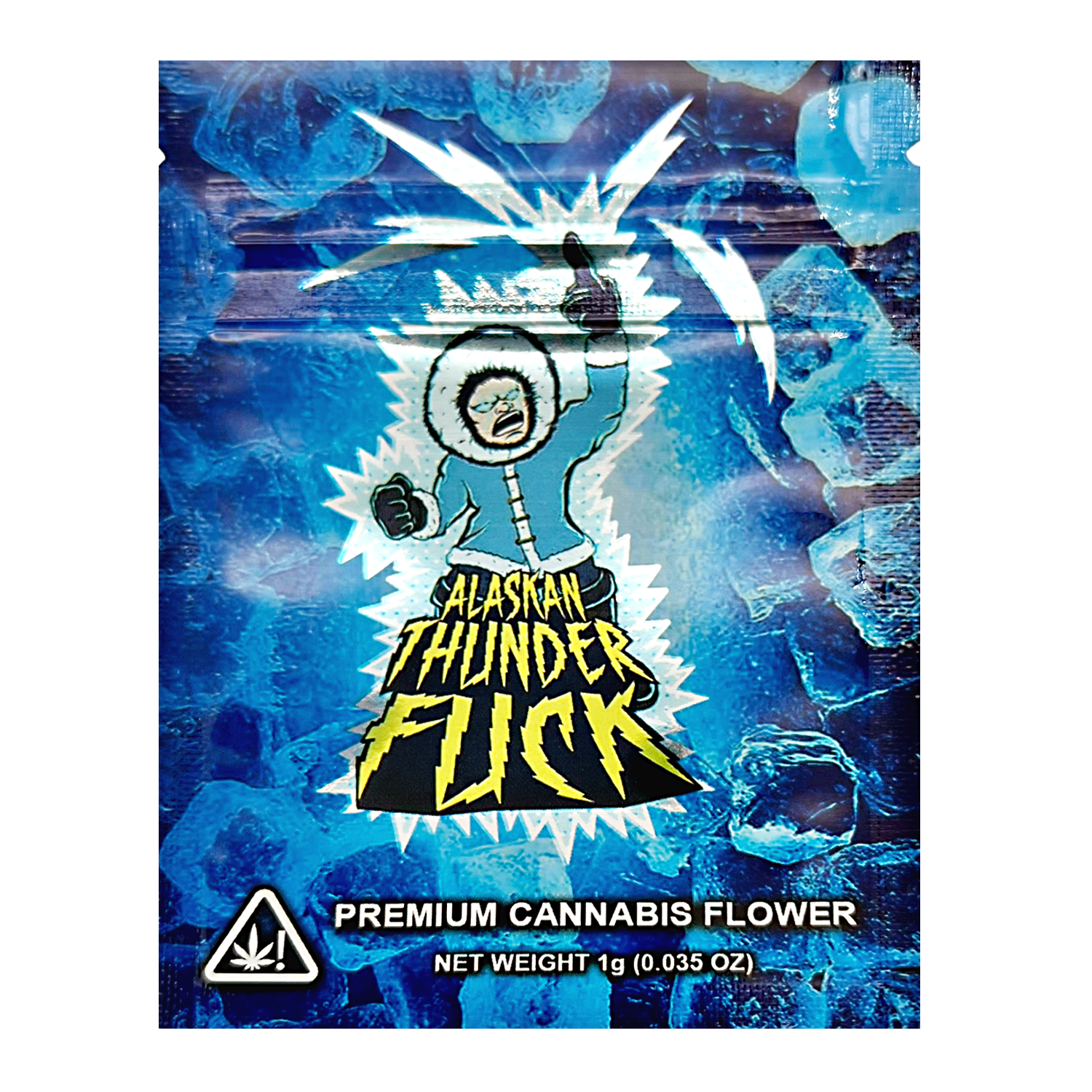 Mylar Bag Alaskan Thunder Flick cannabis flower packaging with blue background and character illustration.