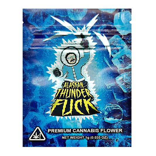 Mylar Bag Alaskan Thunder Flick cannabis flower packaging with blue background and character illustration.