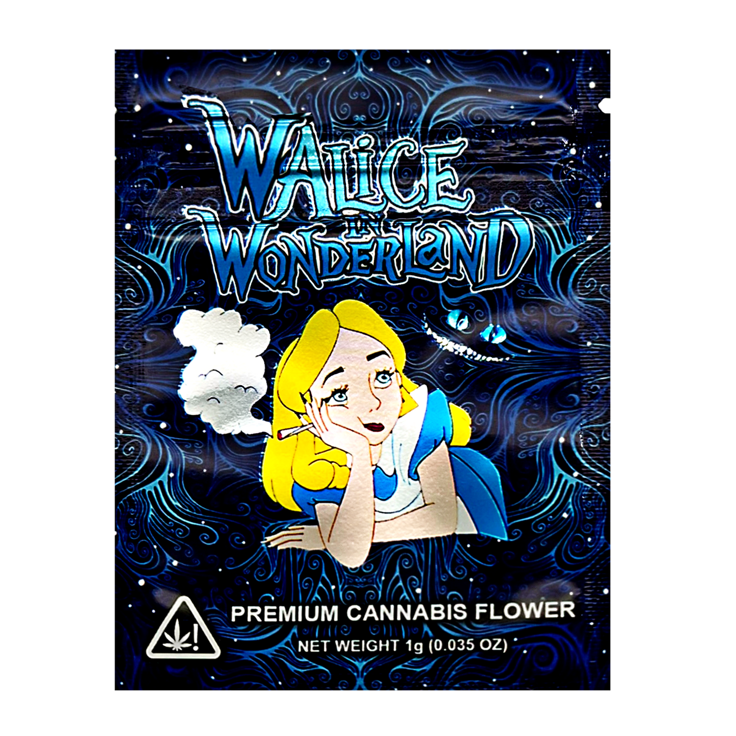 Mylar Bag Cannabis product packaging with cartoon character and 'Walice Wonderland' branding.