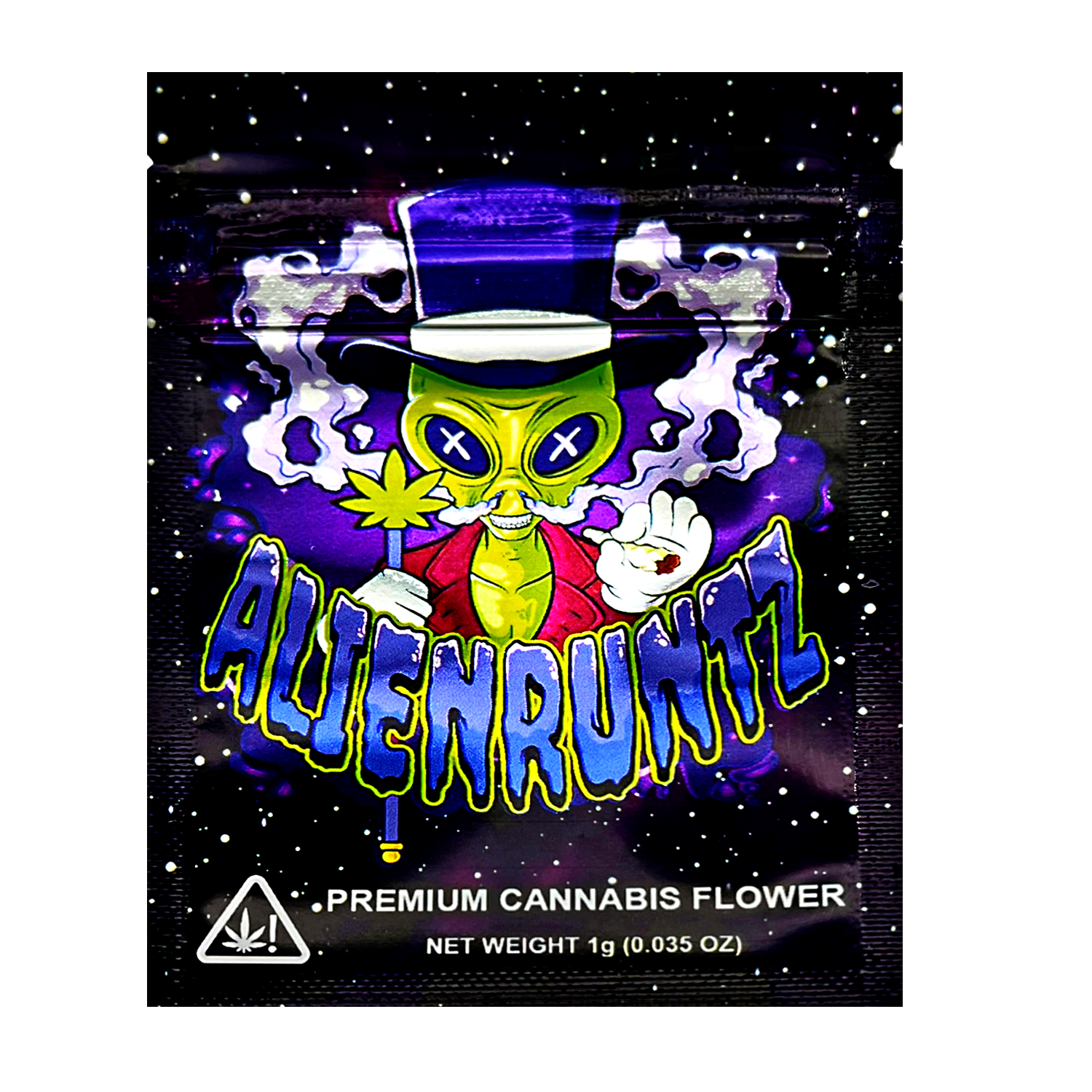 Mylar Bag Alien themed cannabis packaging with colorful design and text.
