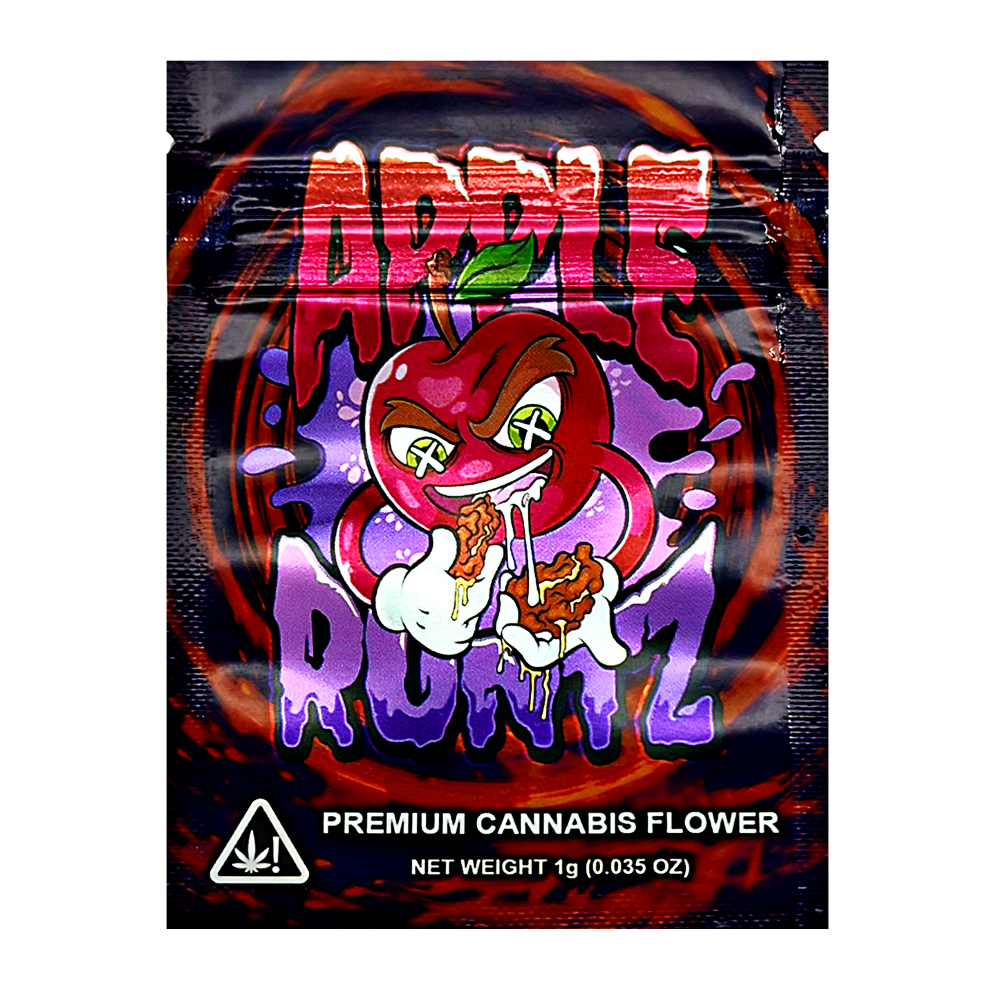 Mylar Bag Cannabis packaging with a colorful design featuring an apple and cartoon character on a black background.