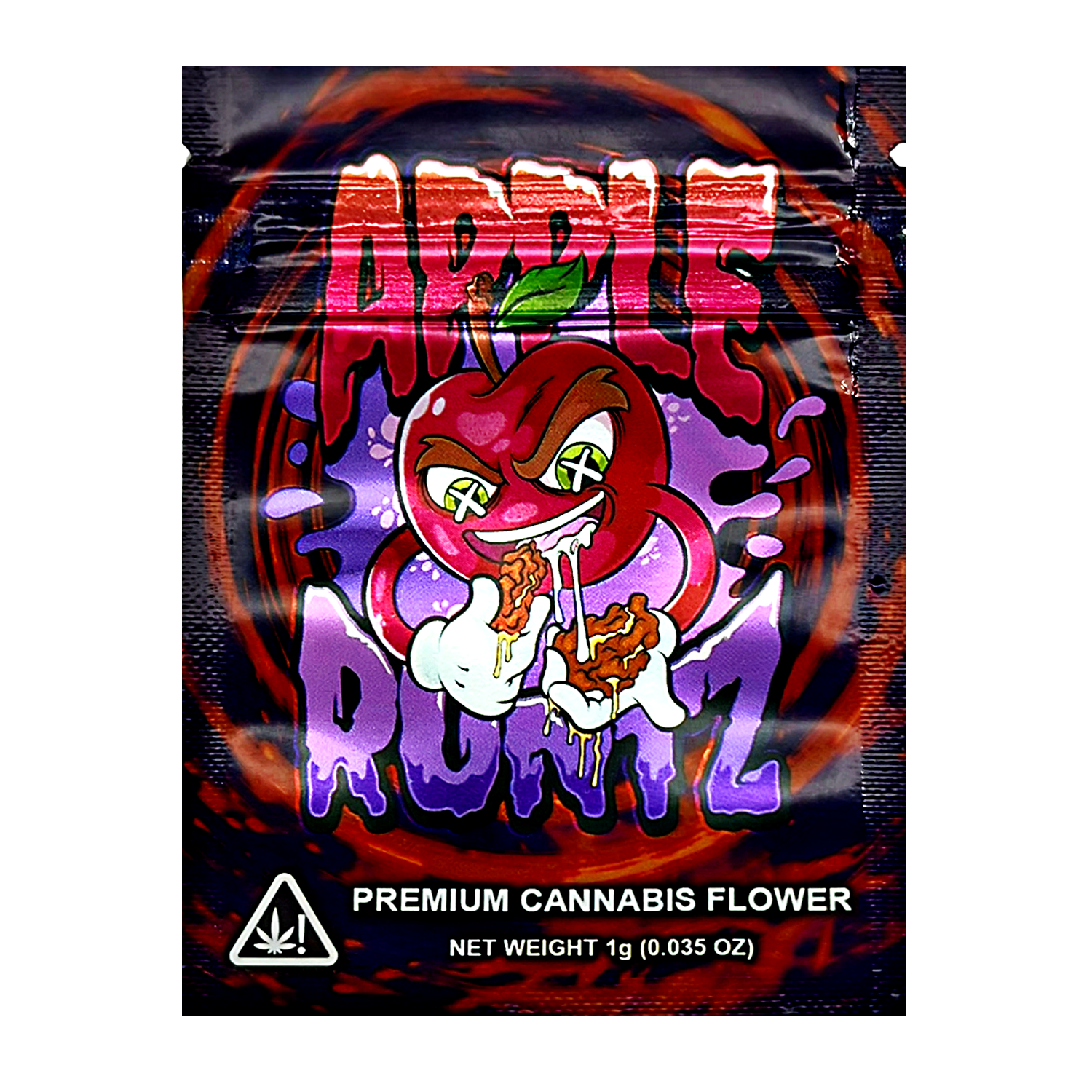 Mylar Bag Cannabis packaging with a colorful design featuring an apple and cartoon character on a black background.