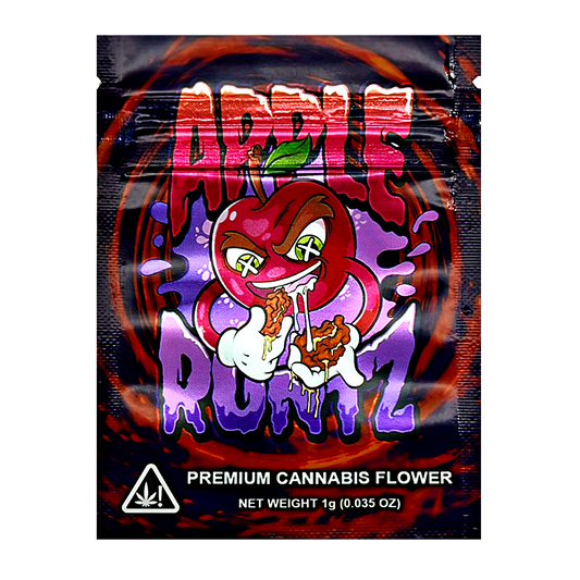 Mylar Bag Cannabis packaging with a colorful design featuring an apple and cartoon character on a black background.