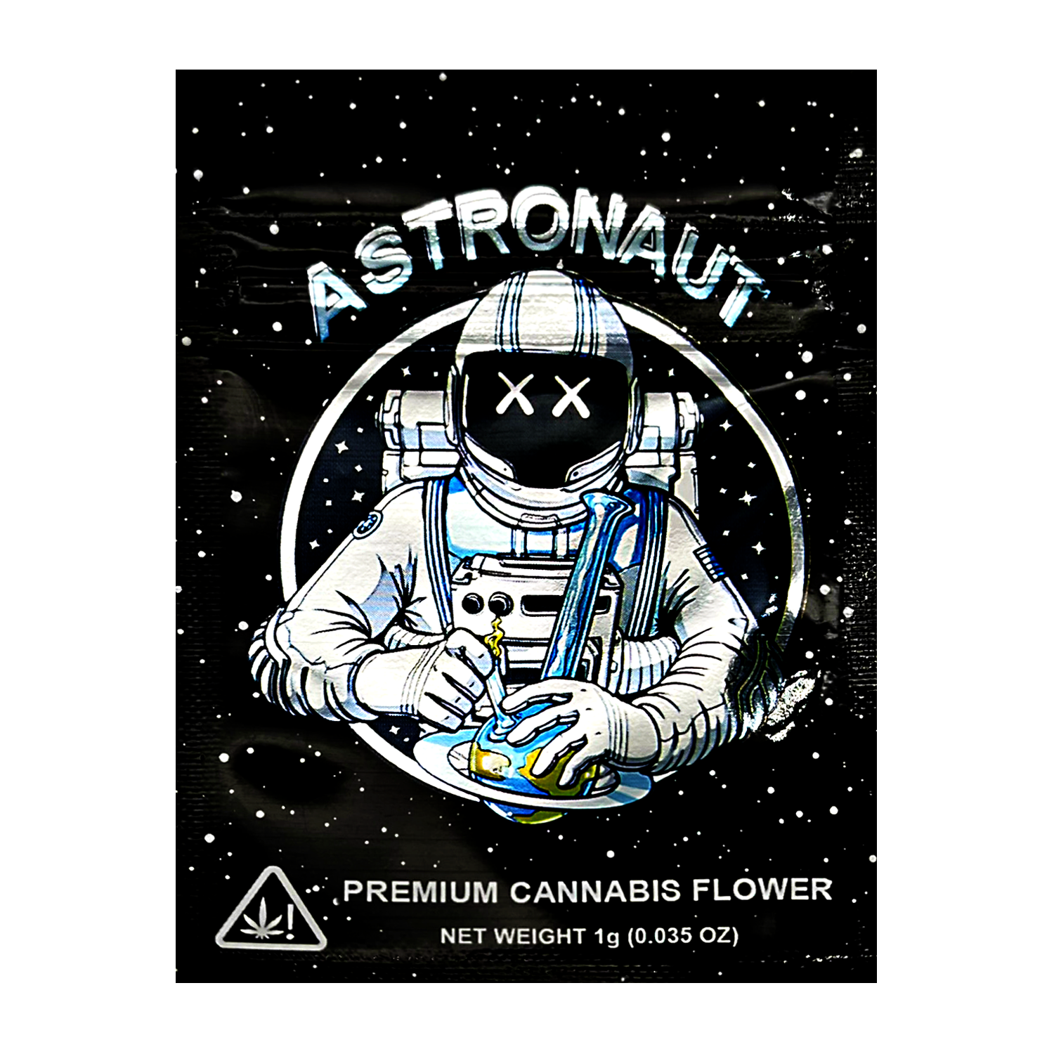 Mylar Bag Cannabis packaging with an astronaut design on a black background