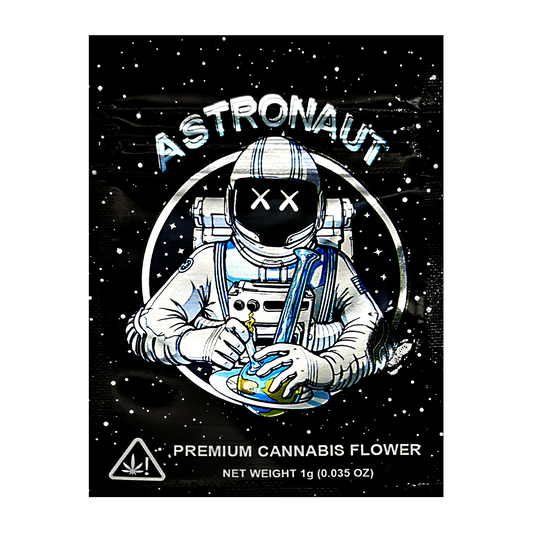 Mylar Bag Cannabis packaging with an astronaut design on a black background