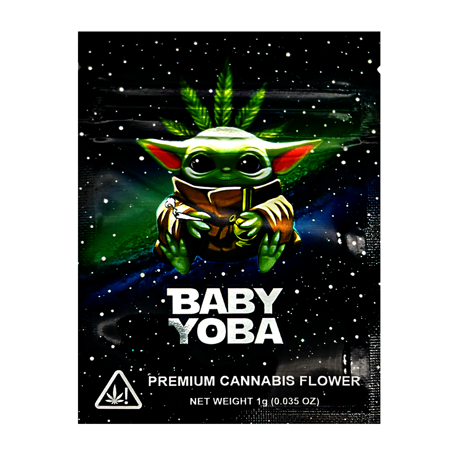 Mylar Bag Packaging of Baby Yoba premium cannabis flower with a stylized depiction of a character holding a cannabis leaf.