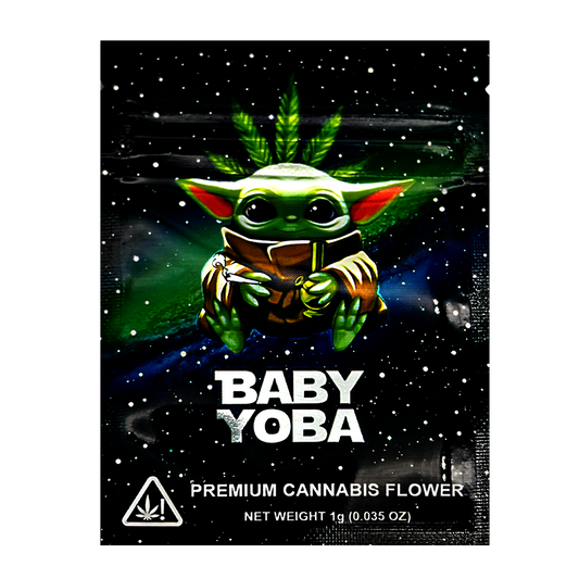 Mylar Bag Packaging of Baby Yoba premium cannabis flower with a stylized depiction of a character holding a cannabis leaf.