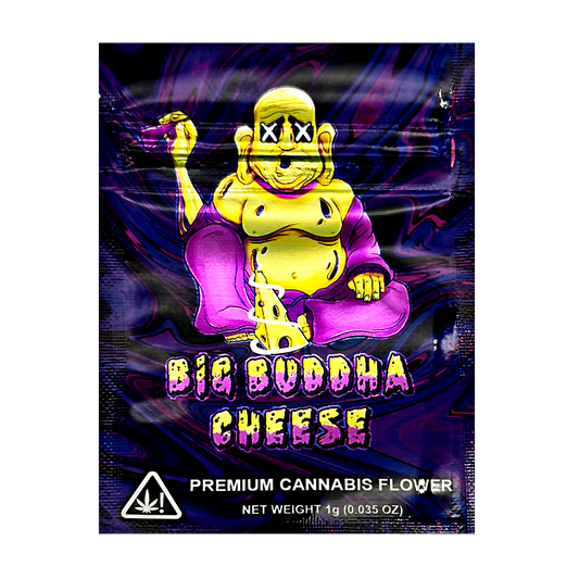 Mylar Bag Big Buddha Cheese cannabis product packaging with a colorful design and character on a black background.