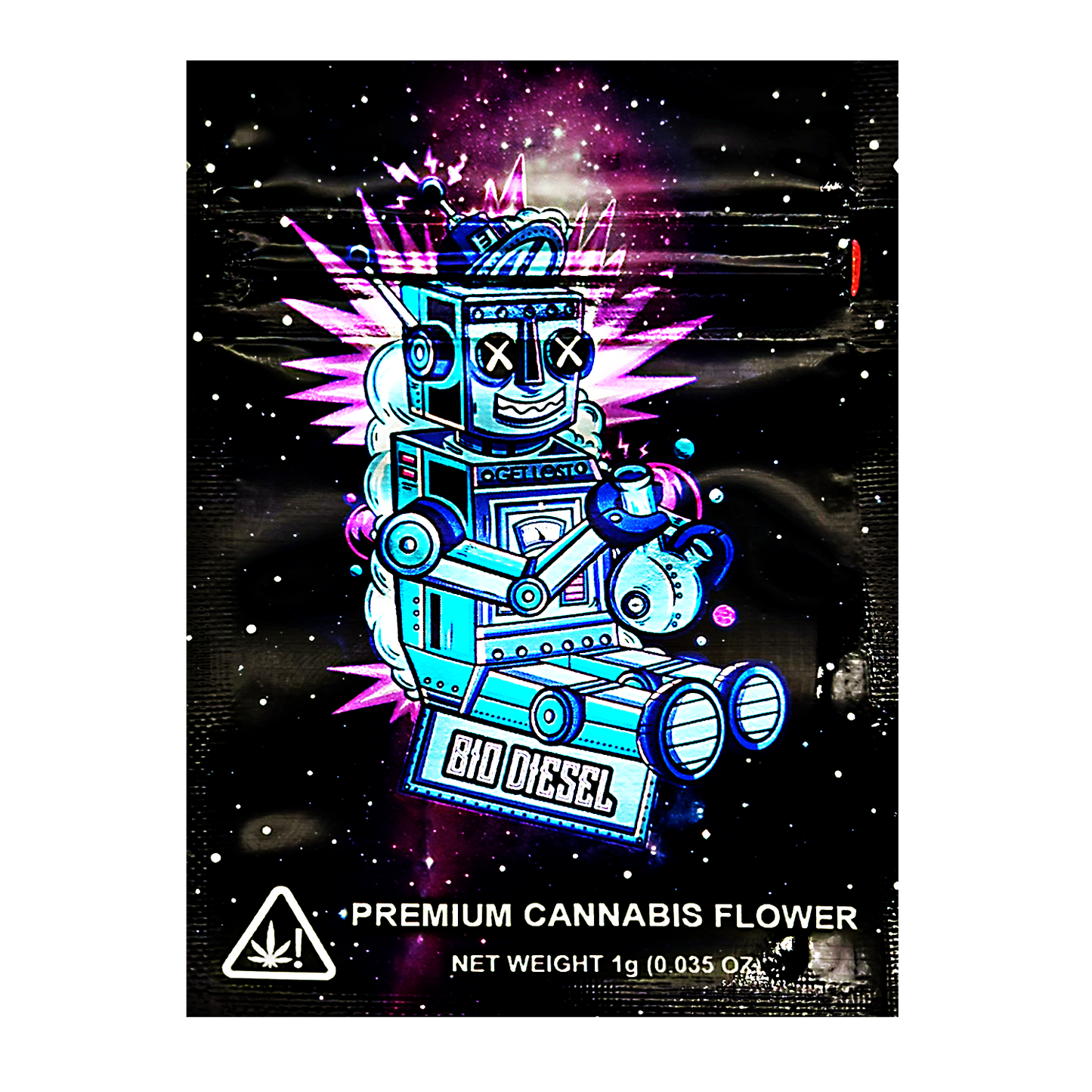 Mylar Bag Cannabis flower packaging with a robot design on a dark background