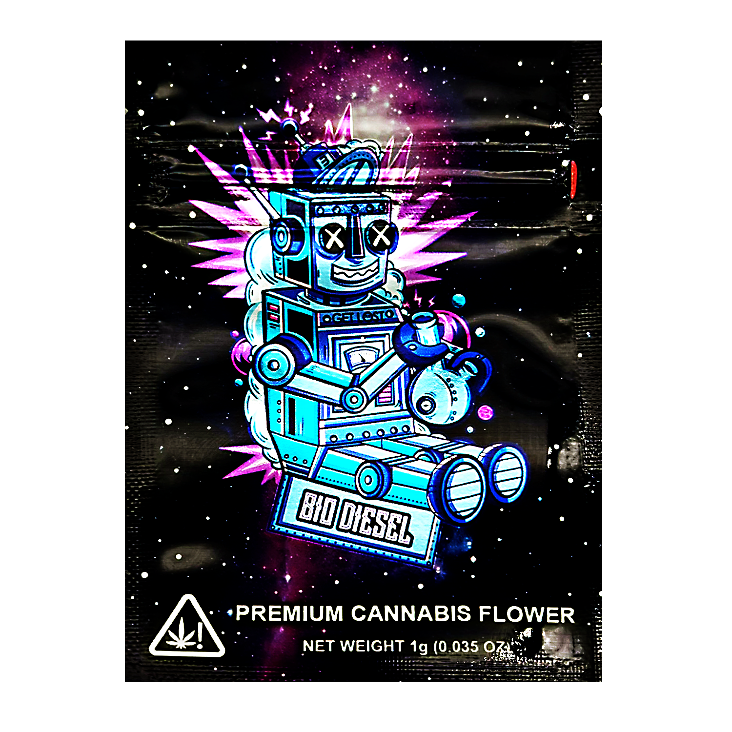 Mylar Bag Cannabis flower packaging with a robot design on a dark background
