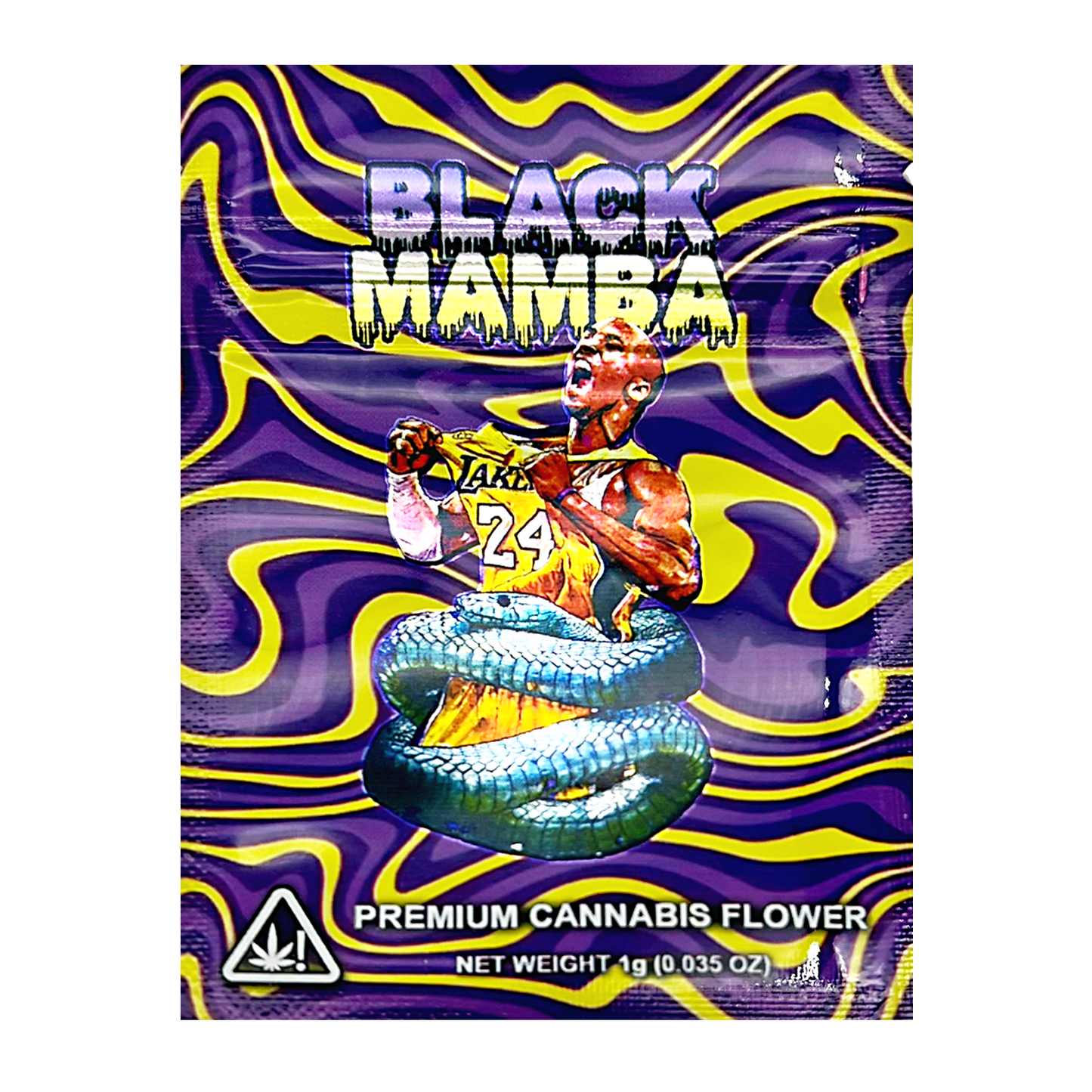 Mylar Bag Cannabis packaging with a snake design and 'Black Mamba' branding on a purple and yellow background.