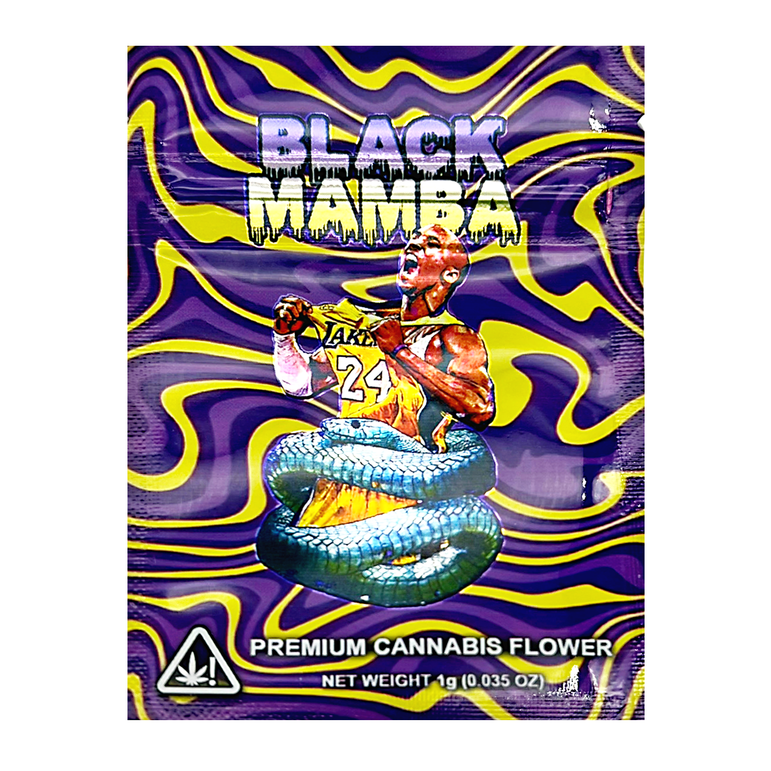 Mylar Bag Cannabis packaging with a snake design and 'Black Mamba' branding on a purple and yellow background.