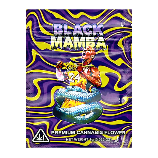 Mylar Bag Cannabis packaging with a snake design and 'Black Mamba' branding on a purple and yellow background.