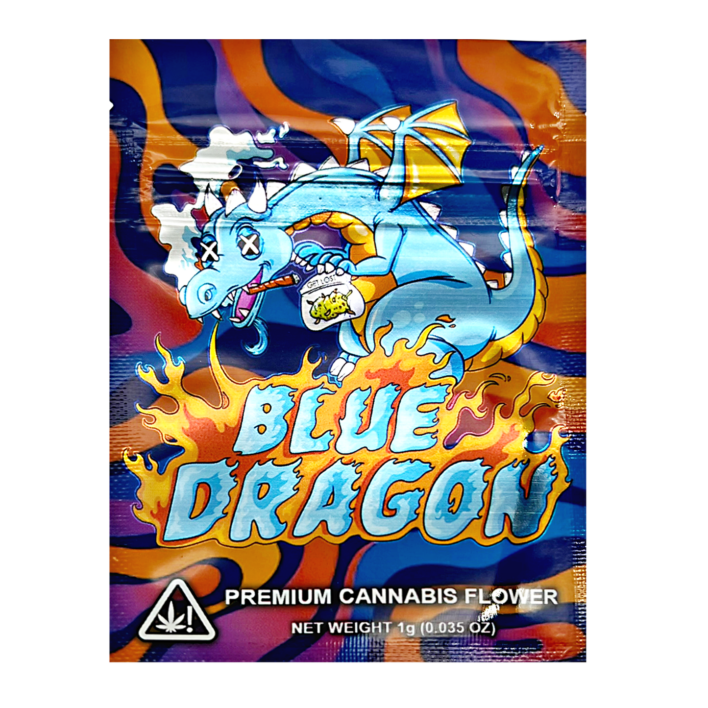 Mylar Bag Colorful packaging of Blue Dragon premium cannabis flower with a dragon illustration.
