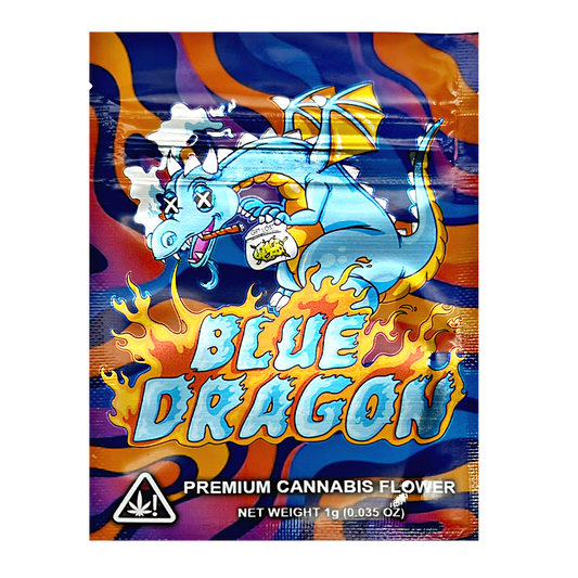 Mylar Bag Colorful packaging of Blue Dragon premium cannabis flower with a dragon illustration.