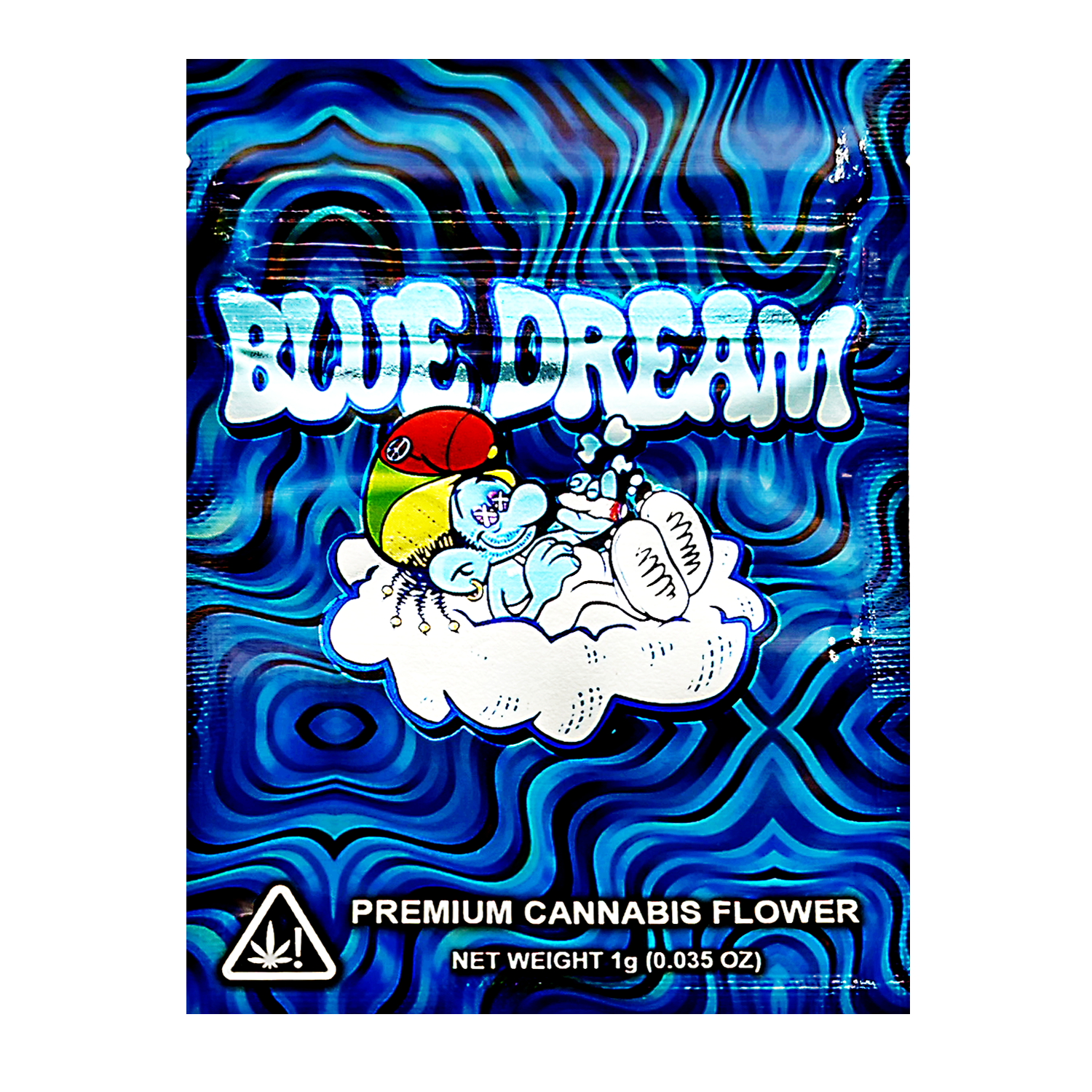 Mylar Bag Blue Dream cannabis flower packaging with colorful design and cartoon character on a blue swirling background.