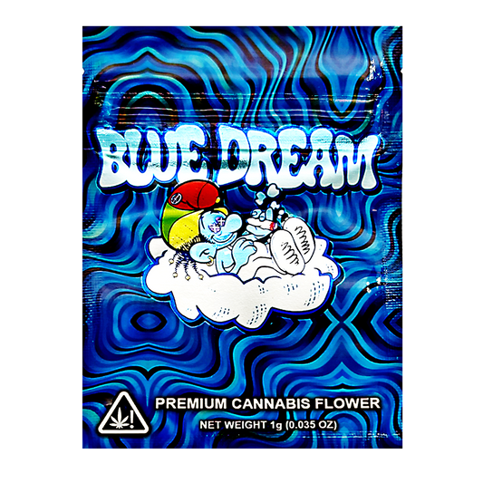 Mylar Bag Blue Dream cannabis flower packaging with colorful design and cartoon character on a blue swirling background.