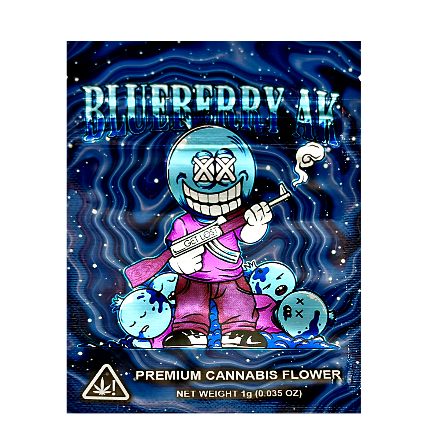 Mylar Bag Cannabis product packaging with cartoon character and blue theme