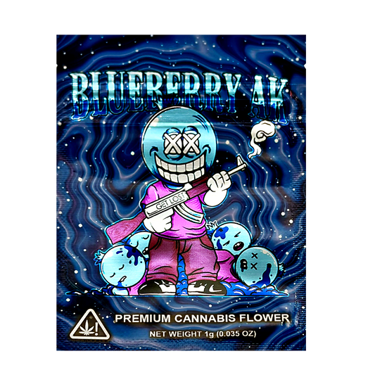 Mylar Bag Cannabis product packaging with cartoon character and blue theme