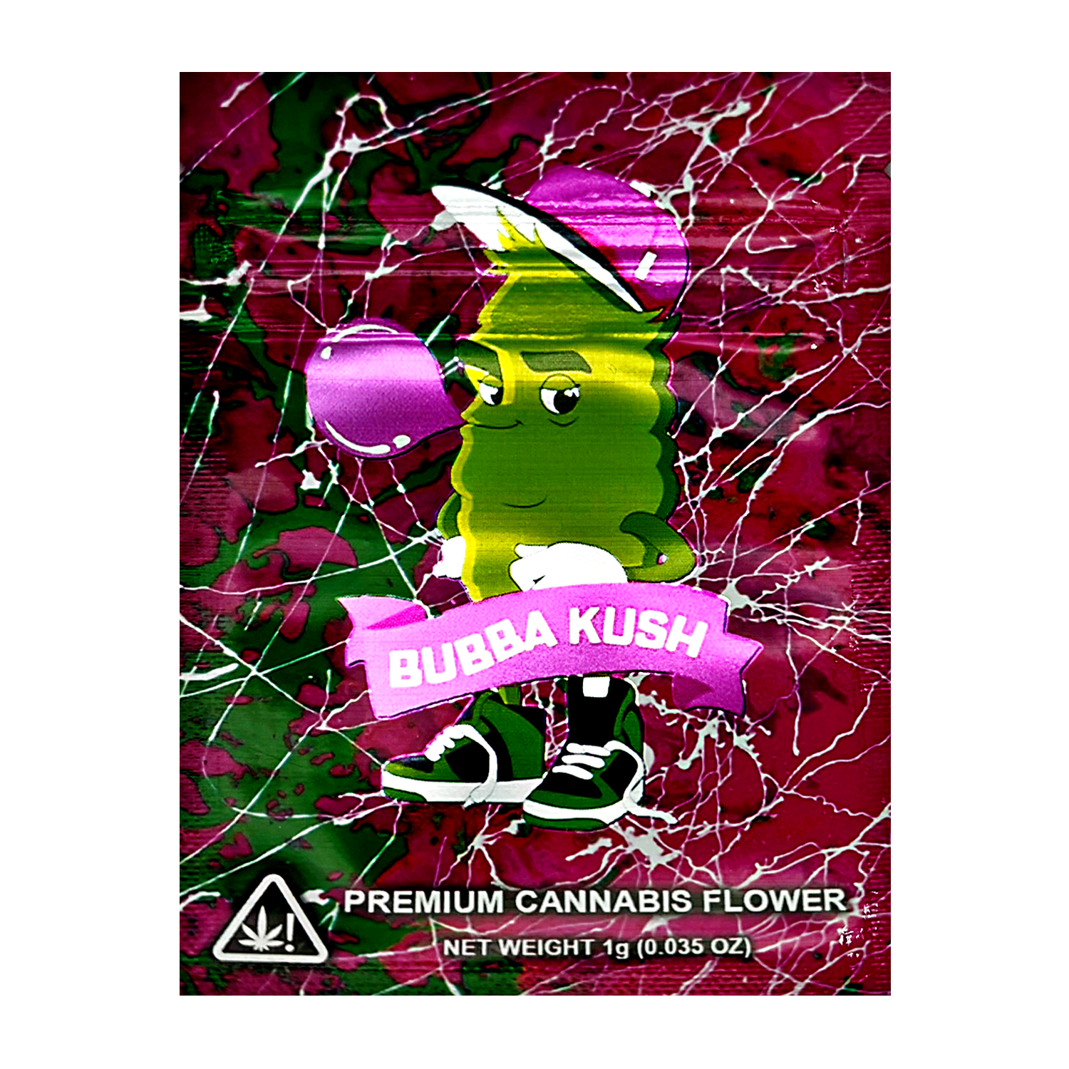 Mylar Bag Bubba Kush cannabis flower packaging with cartoon character on a colorful background
