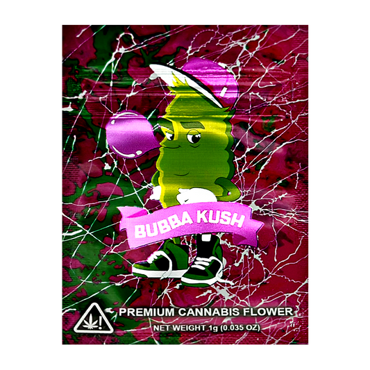 Mylar Bag Bubba Kush cannabis flower packaging with cartoon character on a colorful background