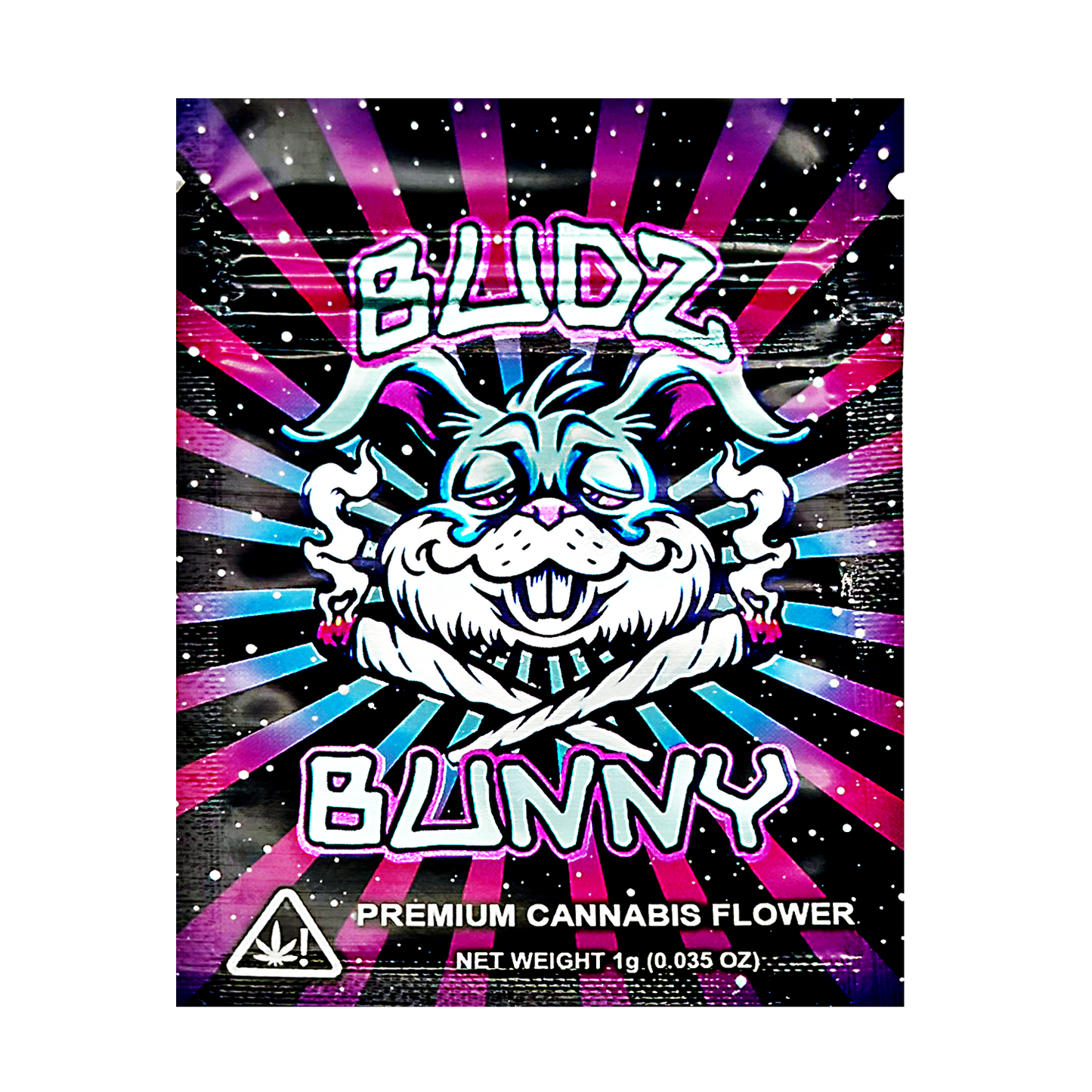 Mylar Bag Bludz Bunny premium cannabis flower packaging with colorful design and cartoon character.