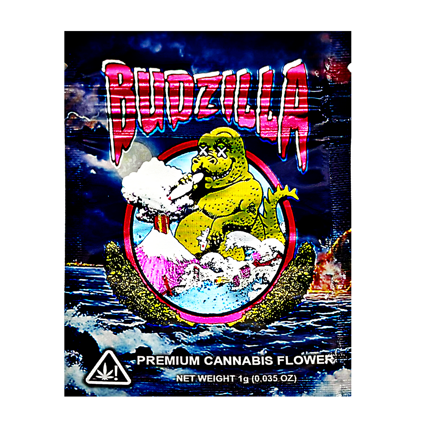 Mylar Bag Cannabis product packaging with a cartoon character and 'Budzilla' branding.