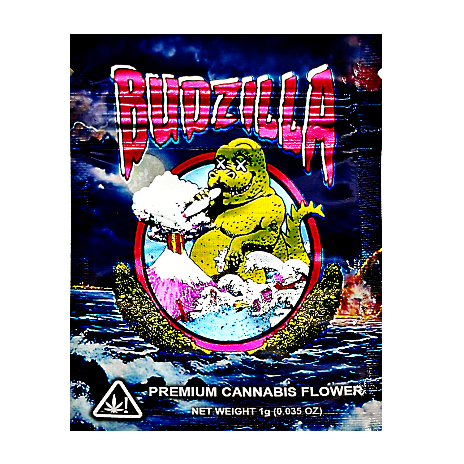 Mylar Bag Cannabis product packaging with a cartoon character and 'Budzilla' branding.