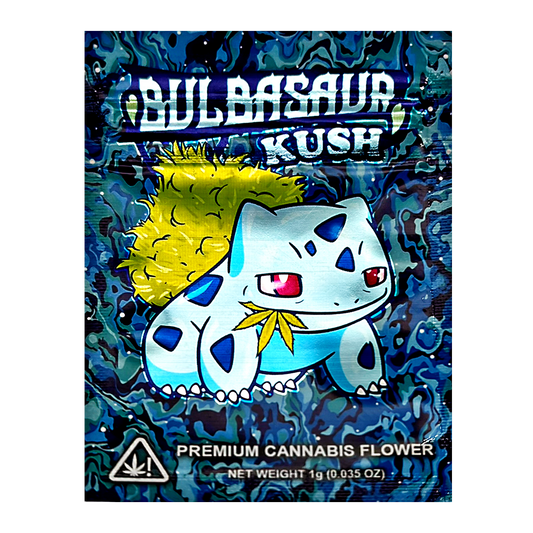 Mylar Bag Packaging of Bulbasaur Kush with a cartoon character on a blue and green patterned background.