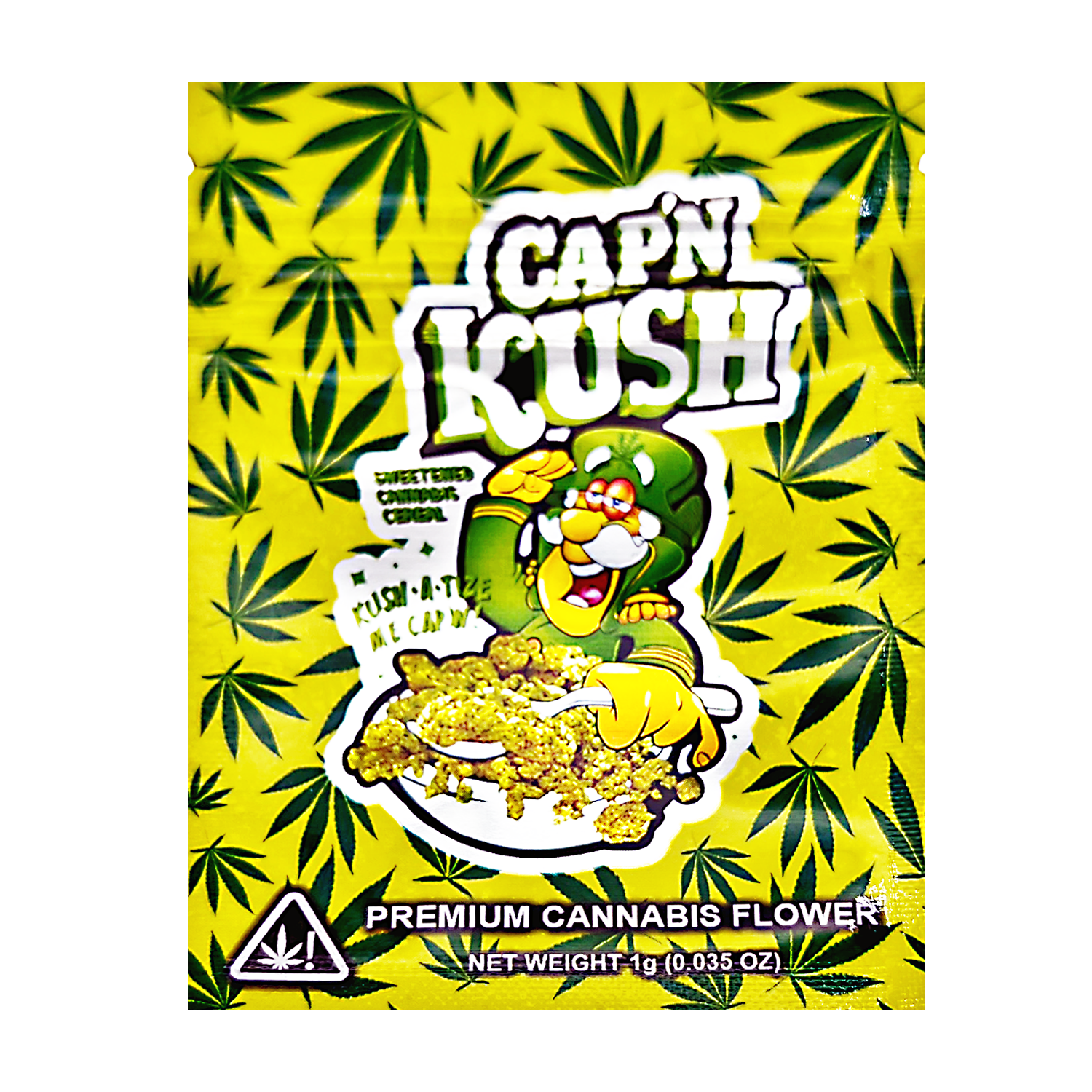 Mylar Bag Cap'n Kush cannabis flower packaging with cartoon character and leaf pattern
