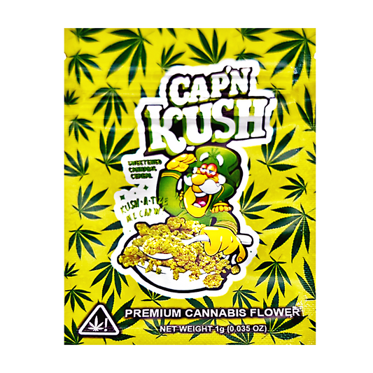 Mylar Bag Cap'n Kush cannabis flower packaging with cartoon character and leaf pattern